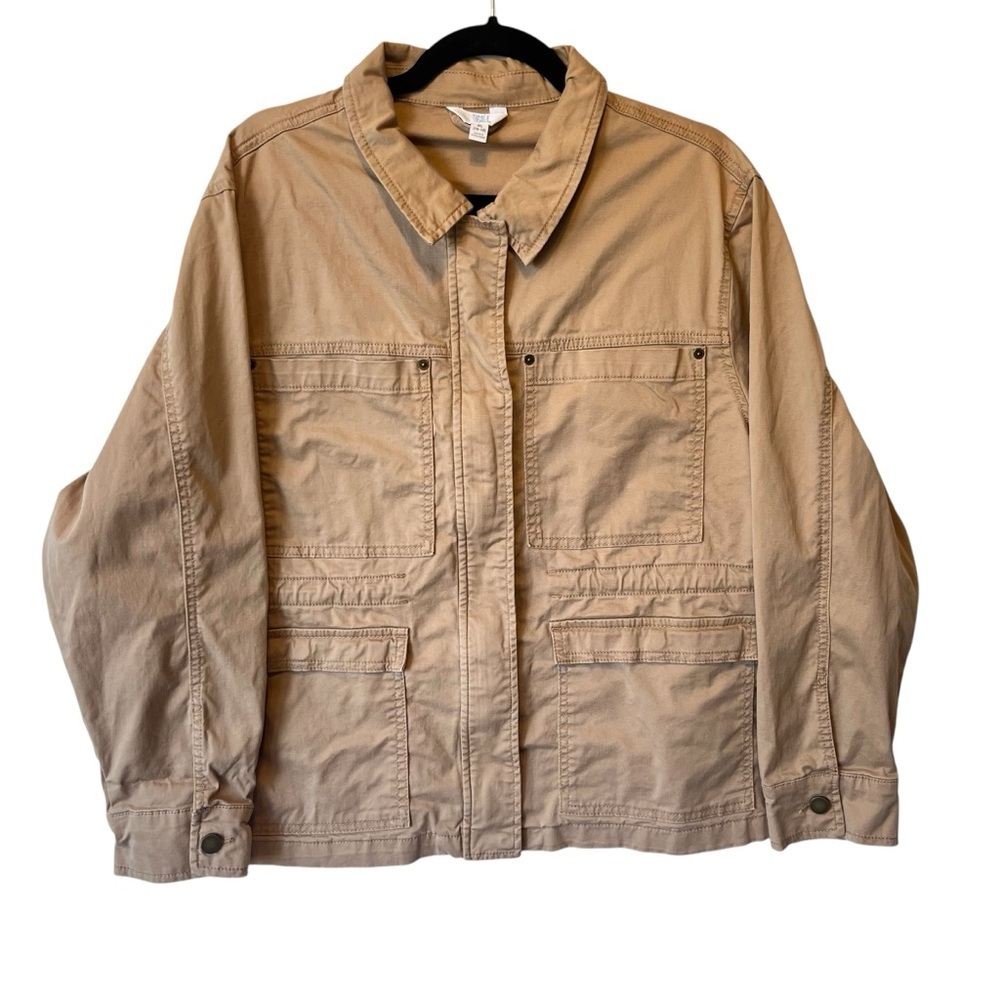 Time and Tru Utility cargo jacket XL 16 18 Cinch drawstring waist Beige Cotton